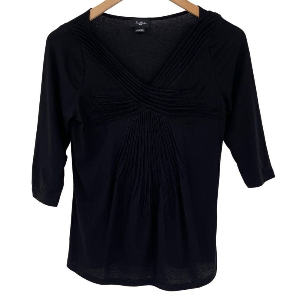 Anthropologie Deletta 3/4 Sleeve V-Neck Pleated Top Women‎ Small Black Soft